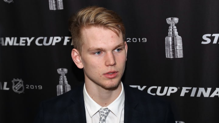 ST LOUIS, MISSOURI – JUNE 03: National Hockey League prospect Bowen Byram speaks with the media at Enterprise Center on June 03, 2019 in St Louis, Missouri. (Photo by Bruce Bennett/Getty Images)