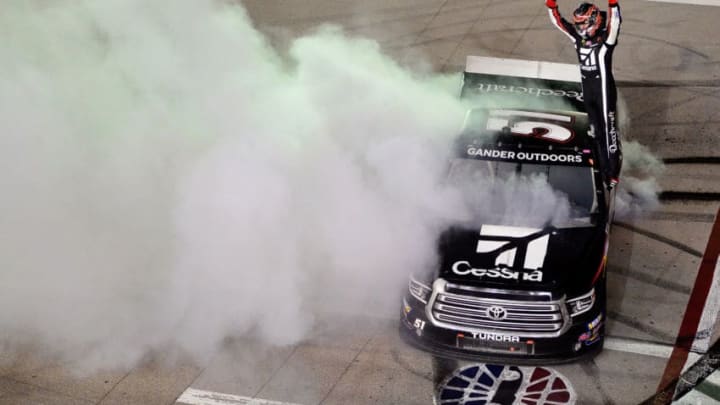 LAS VEGAS, NV - MARCH 01: Kyle Busch, driver of the #51 Cessna Toyota, celebrates after winning the NASCAR Gander Outdoors Truck Series Strat Las Vegas 200 at Las Vegas Motor Speedway on March 1, 2019 in Las Vegas, Nevada. (Photo by Robert Laberge/Getty Images)