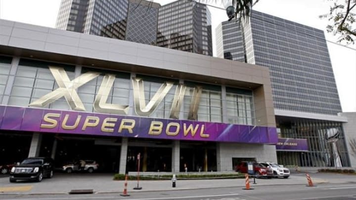 Jan 21, 2013; New Orleans, LA, USA; A general view of a banner in the window of the Hyatt hotel in preparation for Super Bowl XLVII to be played between the San Francisco 49ers and the Baltimore Ravens on February 3, 2013 at the Mercedes-Benz Superdome. Mandatory Credit: Derick E. Hingle-USA TODAY Sports