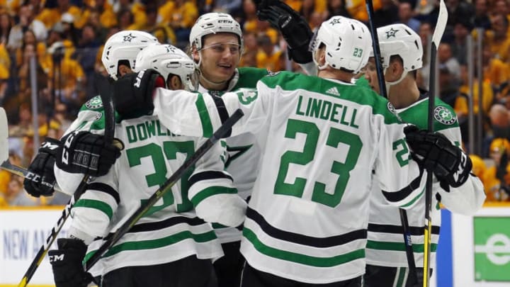 NASHVILLE, TENNESSEE - APRIL 10: Roope Hintz #24, Roope Hintz #24, and Justin Dowling #37 of the Dallas Stars congratulate teammate Miro Heiskanen #4 on scoring a goal against the Nashville Predators during the second period in Game One of the Western Conference First Round during the 2019 NHL Stanley Cup Playoffs at Bridgestone Arena on April 10, 2019 in Nashville, Tennessee. (Photo by Frederick Breedon/Getty Images)