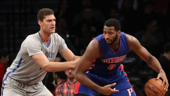 Nov 2, 2016; Brooklyn, NY, USA; Detroit Pistons center Andre Drummond (0) drives against Brooklyn Nets center Brook Lopez (11) during the third quarter at Barclays Center. Brooklyn Nets won 109-101. Mandatory Credit: Anthony Gruppuso-USA TODAY Sports