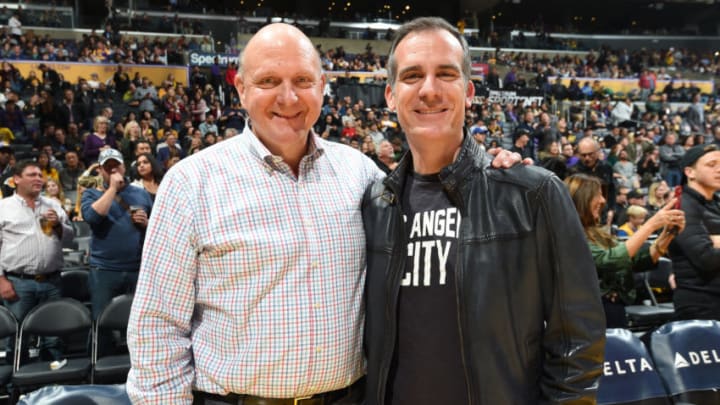 LOS ANGELES, CA - DECEMBER 28: LA Clippers Owner, Steve Ballmer and Mayor of Los Angeles, Eric Garcetti pose for a photo prior to a game on December 28, 2018 at STAPLES Center in Los Angeles, California. NOTE TO USER: User expressly acknowledges and agrees that, by downloading and/or using this photograph, user is consenting to the terms and conditions of the Getty Images License Agreement. Mandatory Copyright Notice: Copyright 2018 NBAE (Photo by Andrew D. Bernstein/NBAE via Getty Images)