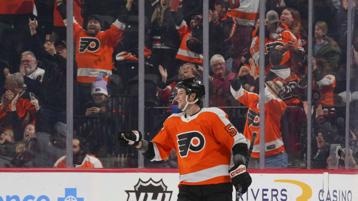 Flyers right wing Tyson Foerster celebrates an empty-net goal. (Photo by Mitchell Leff/Getty Images)