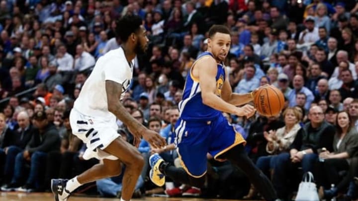 Jan 13, 2016; Denver, CO, USA; Golden State Warriors guard Stephen Curry (30) dribbles the ball against Denver Nuggets forward Will Barton (5) in the fourth quarter at the Pepsi Center. The Nuggets defeated the Warriors 112-110. Mandatory Credit: Isaiah J. Downing-USA TODAY Sports