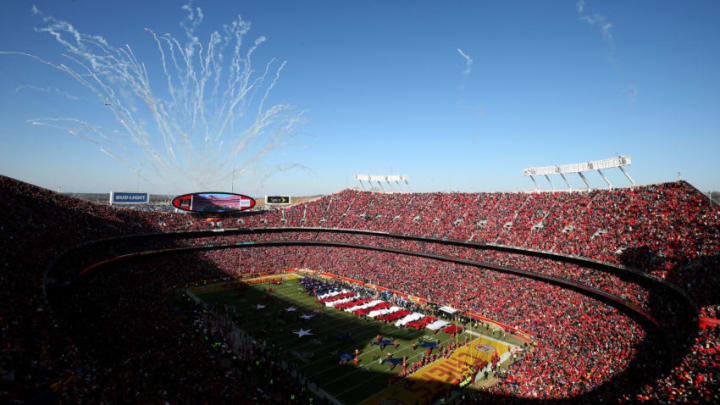 KANSAS CITY, MISSOURI - JANUARY 19: Fireworks erupt as a B-2 Spirit Stealth Bomber flies over the AFC Championship Game between the Kansas City Chiefs and the Tennessee Titans at Arrowhead Stadium on January 19, 2020 in Kansas City, Missouri. (Photo by Jamie Squire/Getty Images)