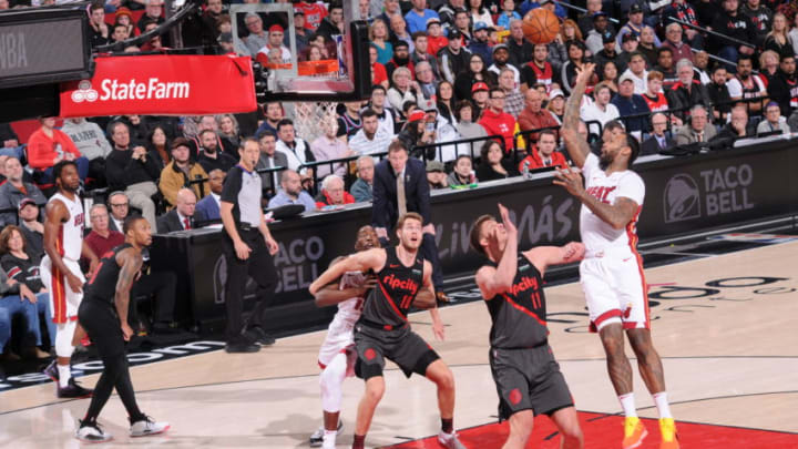 PORTLAND, OR - FEBRUARY 5: James Johnson #16 of the Miami Heat shoots the ball against the Portland Trail Blazers on February 5, 2019 at the Moda Center Arena in Portland, Oregon. NOTE TO USER: User expressly acknowledges and agrees that, by downloading and or using this photograph, user is consenting to the terms and conditions of the Getty Images License Agreement. Mandatory Copyright Notice: Copyright 2019 NBAE (Photo by Sam Forencich/NBAE via Getty Images)