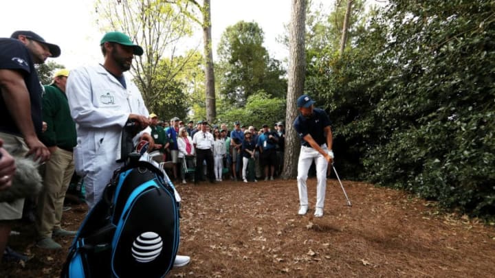 AUGUSTA, GA - APRIL 05: Jordan Spieth of the United States plays his second shot on the 18th hole during the first round of the 2018 Masters Tournament at Augusta National Golf Club on April 5, 2018 in Augusta, Georgia. (Photo by Patrick Smith/Getty Images)