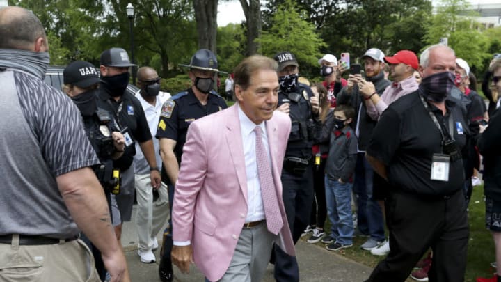 Alabama head coach Nick Saban arrives at the Denny Chimes on A-Day to speak at the ceremony enshrining the permanent captains from the 2020 and 2021 University of Alabama football teams. Mandatory Credit: Gary Cosby-USA TODAY Sports