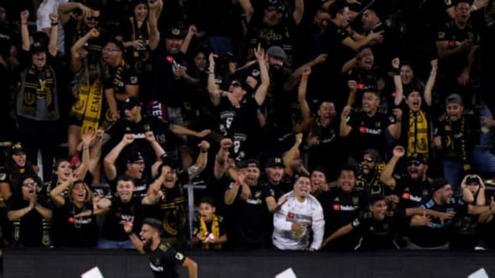 LOS ANGELES, CALIFORNIA – OCTOBER 24: Diego Rossi #9 of Los Angeles FC celebrates his goal, to take a 3-2 lead over the Los Angeles Galaxy, during a 5-3 LAFC win in the Western Conference Semifinals at Banc of California Stadium on October 24, 2019 in Los Angeles, California. (Photo by Harry How/Getty Images)