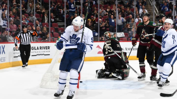 GLENDALE, ARIZONA - NOVEMBER 21: Tyson Barrie #94 of the Toronto Maple Leafs celebrates after scoring a goal against the Arizona Coyotes during the first period at Gila River Arena on November 21, 2019 in Glendale, Arizona. (Photo by Norm Hall/NHLI via Getty Images)