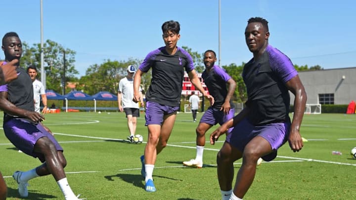 PLAYA DEL REY, CA - JULY 23: Davinson Sanchez #6, Heung-Min Son #7, and Victor Wanyama #13 of Tottenham Hotspur FC handle the ball during practice at Loyola Marymount University on July 23, 2018 in Playa del Rey, California. (Photo by Jayne Kamin-Oncea/Tottenham Hotspur FC via Getty Images)