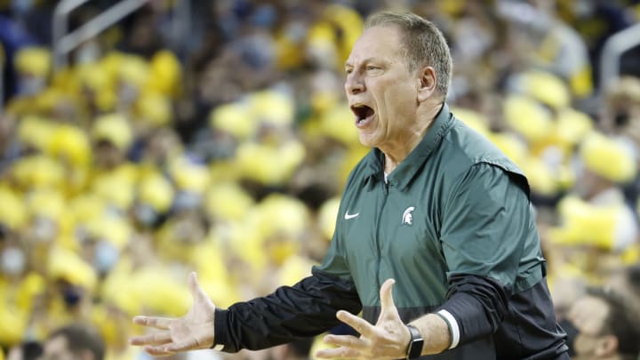 Mar 1, 2022; Ann Arbor, Michigan, USA; Michigan State Spartans head coach Tom Izzo reacts in the first half against the Michigan Wolverines at Crisler Center. Mandatory Credit: Rick Osentoski-USA TODAY Sports