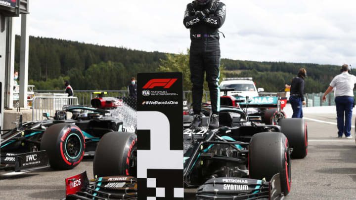 SPA, BELGIUM - AUGUST 29: Pole position qualifier Lewis Hamilton of Great Britain and Mercedes GP celebrates in parc ferme during qualifying for the F1 Grand Prix of Belgium at Circuit de Spa-Francorchamps on August 29, 2020 in Spa, Belgium. (Photo by Francois Lenoir/Pool via Getty Images)