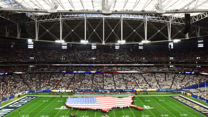 GLENDALE, AZ - DECEMBER 30: An overhead view of the American flag on the field during the national anthem prior to the PlayStation Fiesta Bowl between Penn State Nittany Lions and Washington Huskies at University of Phoenix Stadium on December 30, 2017 in Glendale, Arizona. (Photo by Jennifer Stewart/Getty Images)
