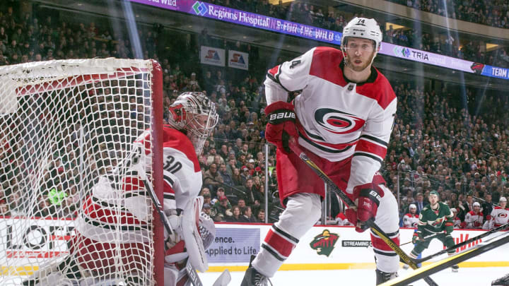 ST. PAUL, MN – MARCH 6: Jaccob Slavin #74 and Cam Ward #30 of the Carolina Hurricanes defend their goal against the Minnesota Wild during the game at the Xcel Energy Center on March 6, 2018 in St. Paul, Minnesota. (Photo by Bruce Kluckhohn/NHLI via Getty Images)