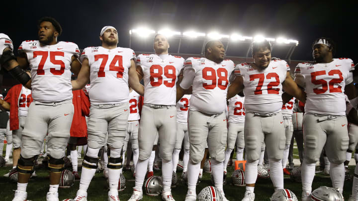 PISCATAWAY, NEW JERSEY – NOVEMBER 16: The Ohio State Buckeyes sing their school song to their fans after the game against the Rutgers Scarlet Knights at SHI Stadium on November 16, 2019 in Piscataway, New Jersey.The Ohio State Buckeyes defeated the Rutgers Scarlet Knights 56-21. (Photo by Elsa/Getty Images)