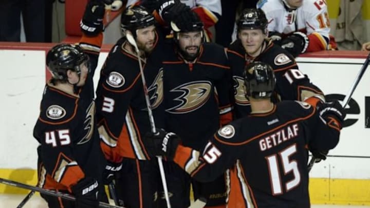 May 3, 2015; Anaheim, CA, USA; Anaheim Ducks center Nate Thompson (44) celebrates with his team after he scores an empty net goal against the Calgary Flames during the third period in game two of the second round of the 2015 Stanley Cup Playoffs at Honda Center. The Anaheim Ducks won 3-0. Mandatory Credit: Kelvin Kuo-USA TODAY Sports