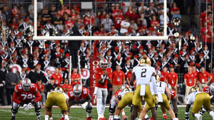 COLUMBUS, OHIO - SEPTEMBER 03: C.J. Stroud #7 of the Ohio State Buckeyes calls a play during the first quarter of a game against the Notre Dame Fighting Irish at Ohio Stadium on September 03, 2022 in Columbus, Ohio. (Photo by Ben Jackson/Getty Images)