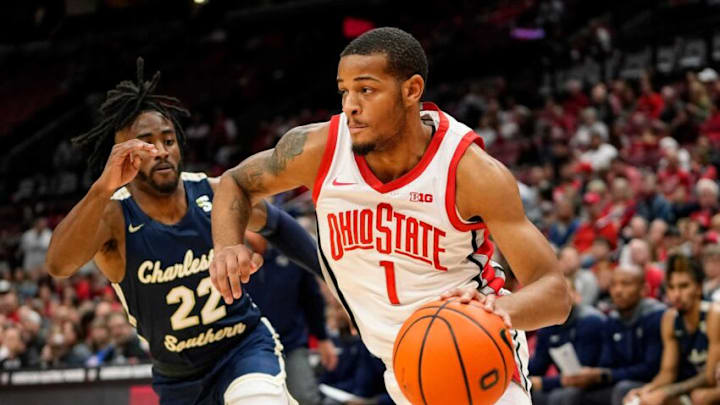 Nov 10, 2022; Columbus, OH, USA; Ohio State Buckeyes guard Roddy Gayle Jr. (1) dribbles around Charleston Southern Buccaneers guard RJ Johnson (22) during the first half of the NCAA men's basketball game at Value City Arena. Mandatory Credit: Adam Cairns-The Columbus DispatchCharleston Southern At Ohio State Men S Basketball