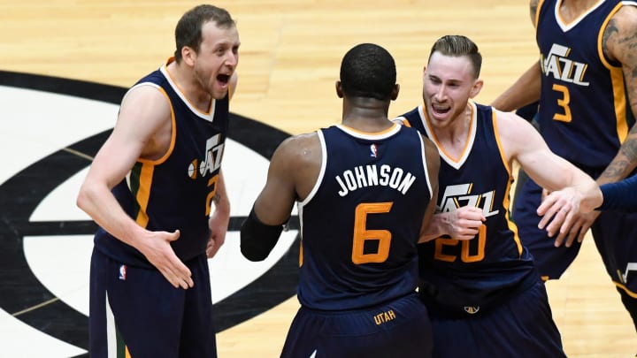 Apr 15, 2017; Los Angeles, CA, USA; Utah Jazz forward Joe Johnson (6) celebrates his game-winning shot with teammates forward Joe Ingles (2) and forward Gordon Hayward (20) in game one of the first round of the 2017 NBA Playoffs at Staples Center. Johnson’s buzzer-beater downed the Clippers 97-95. Mandatory Credit: Robert Hanashiro-USA TODAY Sports