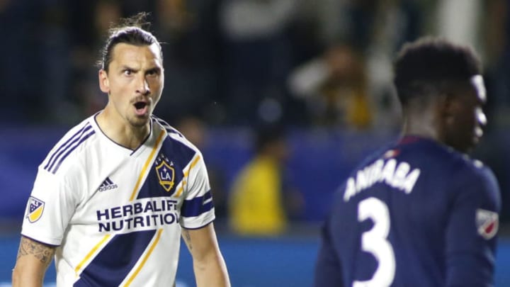 CARSON, CALIFORNIA - JUNE 02: Zlatan Ibrahimovic #9 of Los Angeles Galaxy reacts after scoring a game during the second half of a game against the New England Revolution at Dignity Health Sports Park on June 02, 2019 in Carson, California. (Photo by Katharine Lotze/Getty Images)