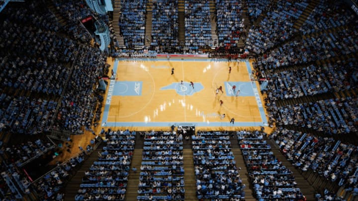 CHAPEL HILL, NC - JANUARY 29: A general view and overhead view of the Dean E. Smith Center during a game between the North Carolina State Wolfpack and the North Carolina Tar Heels at the Dean E. Smith Center on January 29, 2022 in Chapel Hill, North Carolina. North Carolina won 100-80. (Photo by Peyton Williams/Getty Images)
