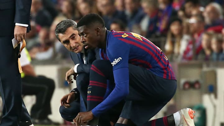 Ernesto Valverde and Ousmane Dembele during the match between FC Barcelona and Sevilla CF, corresponding to the week 9 of the Liga Santander, played at the Camp Nou, on 20th October 2018, in Barcelona, Spain. (Photo by Joan Valls/Urbanandsport /NurPhoto via Getty Images)