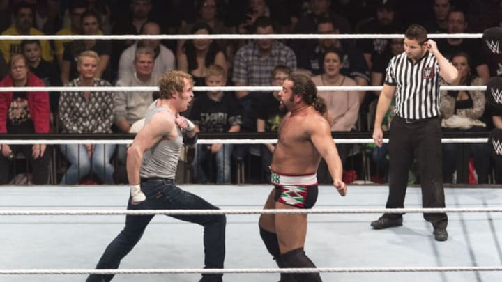 COLOGNE, GERMANY - FEBRUARY 11: Rusev competes in the ring against Dean Ambrose at the Road to WrestleMania at the Lanxess Arena on February 11, 2016 in Cologne, Germany. (Photo by Marc Pfitzenreuter/Getty Images)