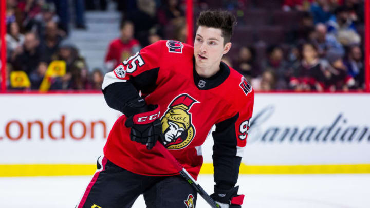 OTTAWA, ON - NOVEMBER 16: Ottawa Senators Center Matt Duchene (95) skates during warm-up before period National Hockey League action between the Pittsburgh Penguins and Ottawa Senators on November 16, 2017, at Canadian Tire Centre in Ottawa, ON, Canada. (Photo by Richard A. Whittaker/Icon Sportswire via Getty Images)
