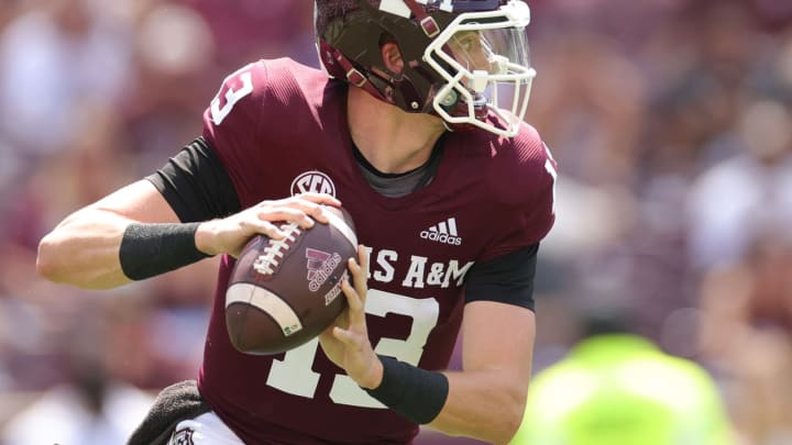 COLLEGE STATION, TEXAS – SEPTEMBER 10: Haynes King #13 of the Texas A&M Aggies looks to pass during the first half against the Appalachian State Mountaineers at Kyle Field on September 10, 2022 in College Station, Texas. (Photo by Carmen Mandato/Getty Images)