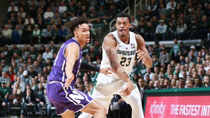 EAST LANSING, MI – JANUARY 02: Xavier Tilman #23 of the Michigan State Spartans handles the ball during a game against the Northwestern Wildcats in the first half at Breslin Center on January 2, 2019 in East Lansing, Michigan. (Photo by Rey Del Rio/Getty Images)