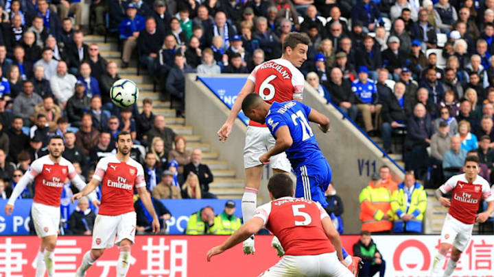 LEICESTER, ENGLAND - APRIL 28: Youri Teilemans of Leicester City scores his team's first goal during the Premier League match between Leicester City and Arsenal FC at The King Power Stadium on April 28, 2019 in Leicester, United Kingdom. (Photo by Marc Atkins/Getty Images)
