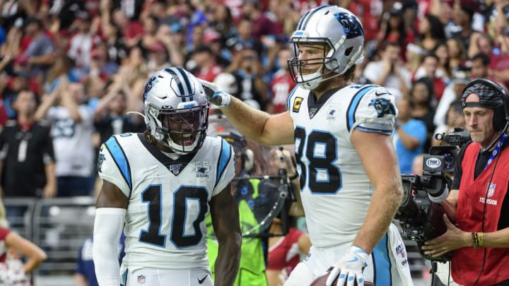 GLENDALE, ARIZONA – SEPTEMBER 22: Tight end Greg Olsen #88 of the Carolina Panthers celebrates a touchdown with wide receiver Curtis Samuel #10 in the second half of the NFL game against the Arizona Cardinals at State Farm Stadium on September 22, 2019 in Glendale, Arizona. The Carolina Panthers won 38-20. (Photo by Jennifer Stewart/Getty Images)