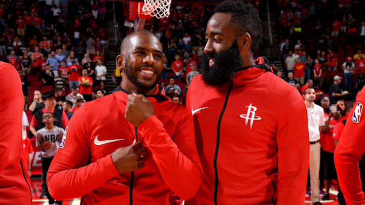 Chris Paul James Harden vs Atlanta Hawks (Photo by Bill Baptist/NBAE via Getty Images)