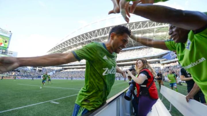 SEATTLE, WA – SEPTEMBER 01: Seattle Sounders midfielder Cristian Roldan (7) celebrates his last minute goal with teammates in an MLS match against the LA Galaxy on September 1, 2019, at Century Link Field in Seattle, WA. The Sounders won the match 4-3. (Photo by Jeff Halstead/Icon Sportswire via Getty Images)