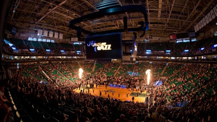 Apr 13, 2015; Salt Lake City, UT, USA; A general view of EnergySolutions Arena as Utah Jazz players are introduced prior to their game against the Dallas Mavericks. The Jazz won 109-92. Mandatory Credit: Russ Isabella-USA TODAY Sports