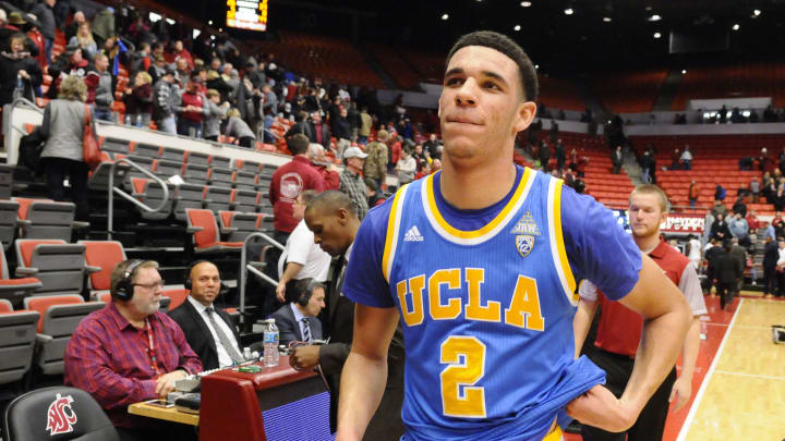 Feb 1, 2017; Pullman, WA, USA; UCLA Bruins guard Lonzo Ball (2) walks off the court after a win against the Washington State Cougars at Friel Court at Beasley Coliseum. The Bruins won 95-79. Mandatory Credit: James Snook-USA TODAY Sports