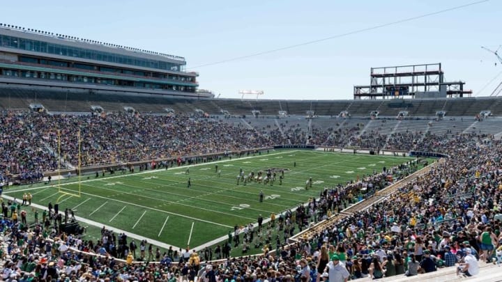 Apr 16, 2016; South Bend, IN, USA; A general view of Notre Dame Stadium during the first quarter of the Blue-Gold Game. The Blue team defeated the Gold team 17-7. Notre Dame Stadium is in the middle of a two year project to build classroom and student center space as well as media families and premium seating. Mandatory Credit: Matt Cashore-USA TODAY Sports