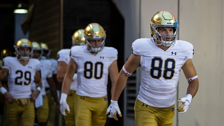 BLACKSBURG, VA – OCTOBER 09: Mitchell Evans #88 of the Notre Dame Fighting Irish takes the field before the game against the Virginia Tech Hokies at Lane Stadium on October 9, 2021, in Blacksburg, Virginia. (Photo by Scott Taetsch/Getty Images)