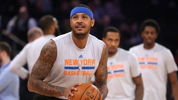 Dec 2, 2016; New York, NY, USA; New York Knicks small forward Carmelo Anthony (7) warms up before a game against the Minnesota Timberwolves at Madison Square Garden. Mandatory Credit: Brad Penner-USA TODAY Sports