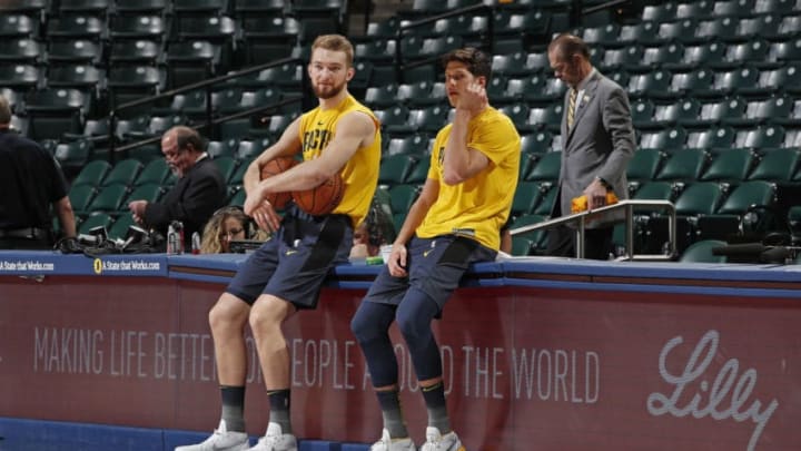 INDIANAPOLIS, IN - FEBRUARY 5: Domantas Sabonis #11 and Doug McDermott #20 of the Indiana Pacers look on before the game against the Los Angeles Lakers on February 5, 2019 at Bankers Life Fieldhouse in Indianapolis, Indiana. NOTE TO USER: User expressly acknowledges and agrees that, by downloading and/or using this photograph, user is consenting to the terms and conditions of the Getty Images License Agreement. Mandatory Copyright Notice: Copyright 2019 NBAE (Photo by Jeff Haynes/NBAE via Getty Images)