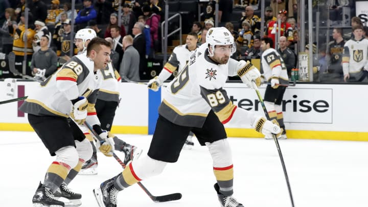BOSTON, MA – JANUARY 21: Vegas Golden Knights right wing Alex Tuch (89) shoots in warm up before a game between the Boston Bruins and the Vegas Golden Knights on January 21, 2020, at TD Garden in Boston, Massachusetts. (Photo by Fred Kfoury III/Icon Sportswire via Getty Images)