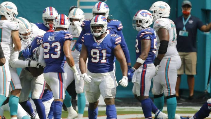 Ed Oliver #91 of the Buffalo Bills reacts against the Miami Dolphins. (Photo by Michael Reaves/Getty Images)