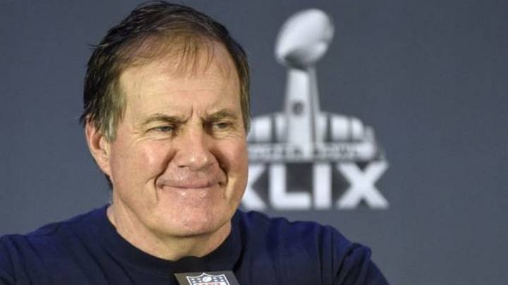 Feb 1, 2015; Glendale, AZ, USA; New England Patriots head coach Bill Belichick speaks at a press conference after defeating the Seattle Seahawks in Super Bowl XLIX at University of Phoenix Stadium. Mandatory Credit: Kyle Terada-USA TODAY Sports Feb 1, 2015; Glendale, AZ, USA; New England Patriots head coach Bill Belichick speaks at a press conference after defeating the Seattle Seahawks in Super Bowl XLIX at University of Phoenix Stadium. Mandatory Credit: Kyle Terada-USA TODAY Sports