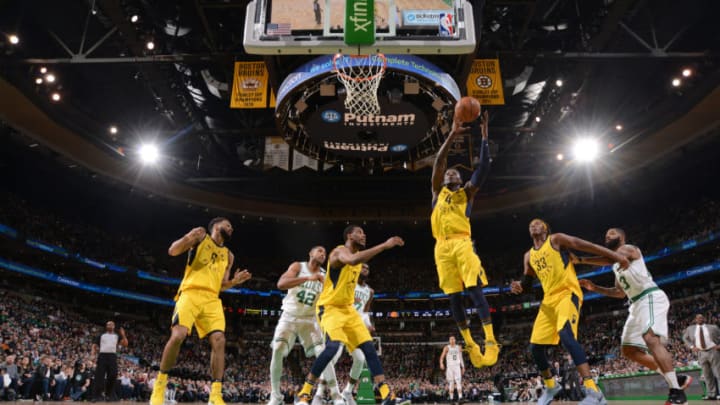 BOSTON, MA - FEBRUARY 9: Victor Oladipo #4 of the Indiana Pacers grabs the rebound against the Boston Celtics on February 9, 2018 at the TD Garden in Boston, Massachusetts. NOTE TO USER: User expressly acknowledges and agrees that, by downloading and or using this photograph, User is consenting to the terms and conditions of the Getty Images License Agreement. Mandatory Copyright Notice: Copyright 2018 NBAE (Photo by Brian Babineau/NBAE via Getty Images)