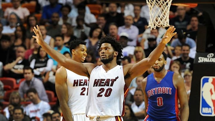 Apr 5, 2016; Miami, FL, USA;Miami Heat forward Justice Winslow (20) reacts during the second half of Tuesday night