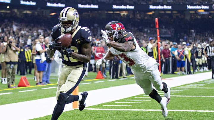 NEW ORLEANS, LA – SEPTEMBER 9: Ted Ginn Jr. #19 of the New Orleans Saints catches a touchdown pass over Carlton Davis III #33 of the Tampa Bay Buccaneers at Mercedes-Benz Superdome on September 9, 2018 in New Orleans, Louisiana. (Photo by Wesley Hitt/Getty Images)