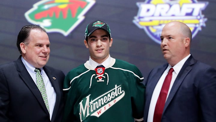 BUFFALO, NY - JUNE 24: Luke Kunin celebrates with the Minnesota Wild after being selected 15th overall during round one of the 2016 NHL Draft on June 24, 2016 in Buffalo, New York. (Photo by Bruce Bennett/Getty Images)