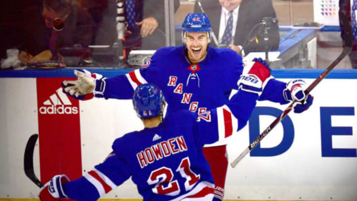 NEW YORK, NEW YORK – OCTOBER 03: Brendan Smith #42 and Brett Howden #21 of the New York Rangers celebrate a goal in the third period against the Winnipeg Jets at Madison Square Garden on October 03, 2019 in New York City. (Photo by Emilee Chinn/Getty Images)