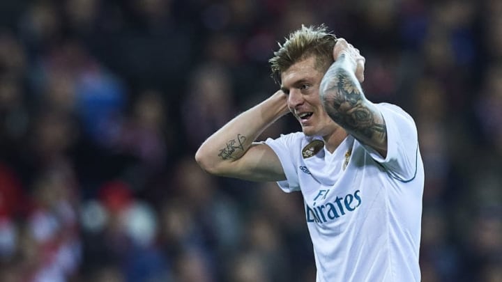 BILBAO, SPAIN - DECEMBER 02: Toni Kroos of Real Madrid CF reacts during the La Liga match between Athletic Club and Real Madrid at Estadio de San Mames on December 2, 2017 in Bilbao, Spain. (Photo by Juan Manuel Serrano Arce/Getty Images)